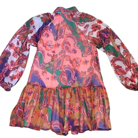 Colorful Pink Paisley Floral Print Long Sleeve Short Dress L’Atiste Small Mini - Picture 10 of 14